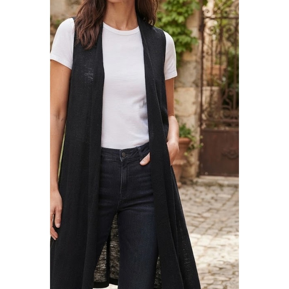 Eileen Fisher Womens Wool Open Front Long Line Sleeveless Cardigan Sz M Black AI